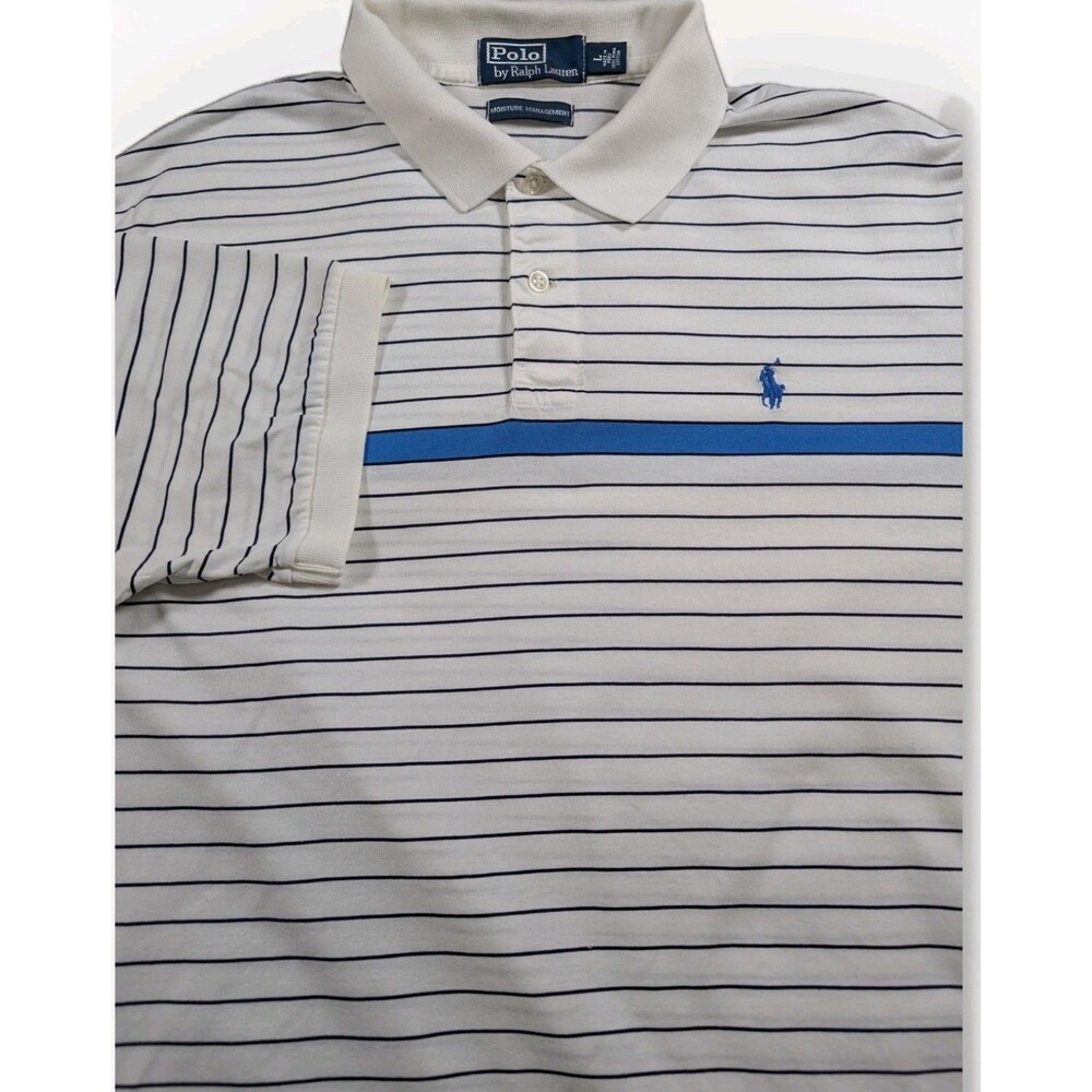 Polo Ralph Lauren Polo Shirt Mens L White Blue Stripe Golf Moisture Management